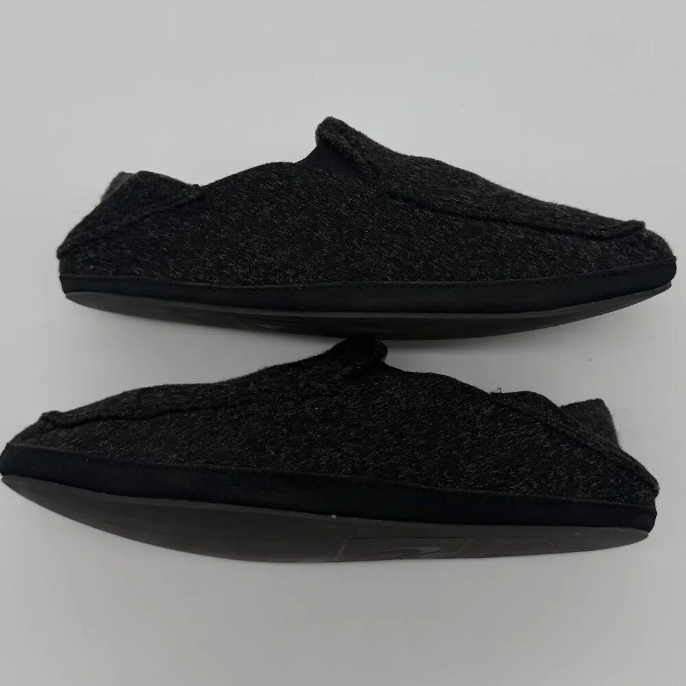 Olukai Moloa Hulu Slippers Mens 10 M Black Gray Wool Slip On Lounge Casual Shoes